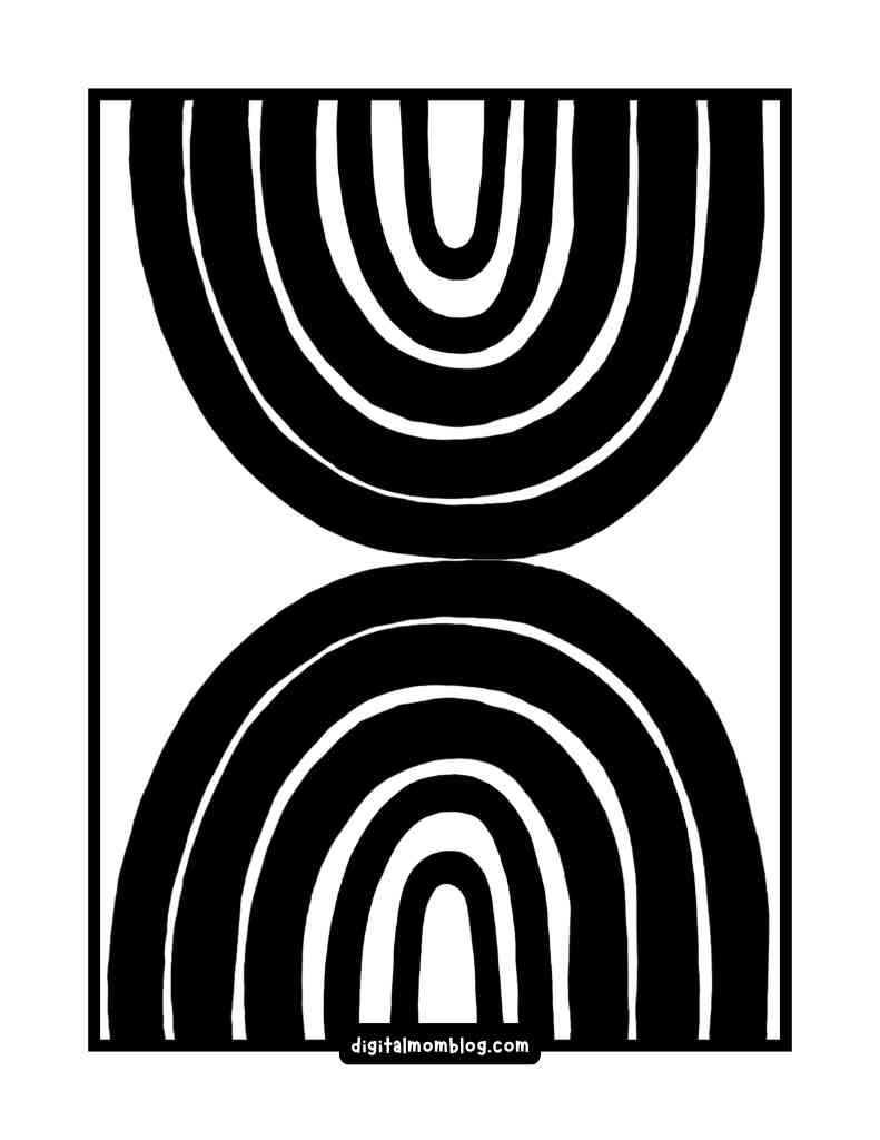 A black and white geometric pattern featuring two stylized, overlapping arches, one above the other, in a rectangular frame.