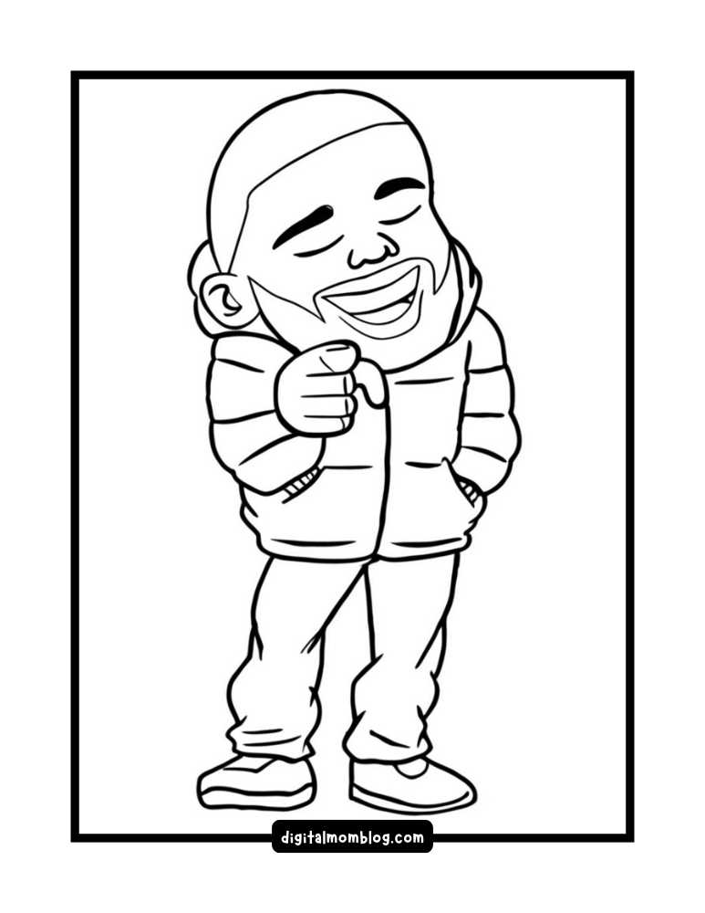 Black and white cartoon illustration of a smiling person wearing a hat and a puffy jacket, pointing forward with one hand while the other hand is in their pocket; standing in a relaxed pose with eyes closed.