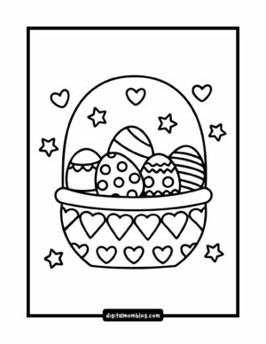 Black and white Easter coloring page featuring a basket filled with decorated eggs, surrounded by stars and hearts.