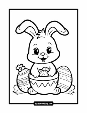 A Easter bunny coloring page showing a easter rabbit holding a basket filled with decorated eggs, sitting in front of two large Easter eggs, one with a flower decoration.