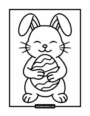 A coloring page featuring a cartoon bunny holding a decorated Easter egg with a smile on its face, surrounded by a simple rectangular border.