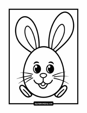 A simple black and white illustration of a cartoon bunny with large ears, big eyes, whiskers, and a smiling face, set within a rectangular border.
