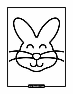 A simple outline drawing of a rabbit's face with long ears, closed eyes, short whiskers, and a smiling mouth, set within a rectangle frame.