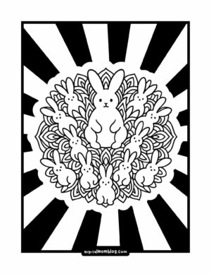 A black and white mandalastyle illustration featuring a central bunny surrounded by smaller bunnies and intricate leaf patterns, set against a background with radiating black and white stripes.
