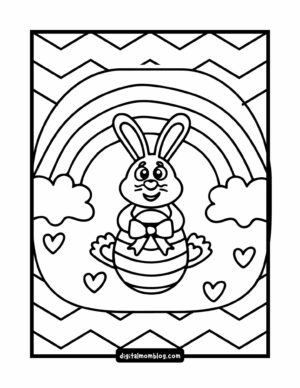 A coloring page featuring a cartoon bunny sitting on a large striped egg with a bow. The background includes a rainbow, clouds, and several small heart shapes.