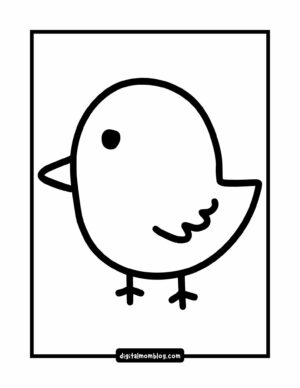 Simple black and white outline drawing of a bird with a round body, small beak, an eye, and two sticklike legs.