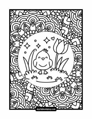 A coloring page featuring a cute, cartoonstyle chick standing on grass with a tulip nearby, surrounded by a circular frame of stars and hearts, set against a detailed, intricate mandala background.