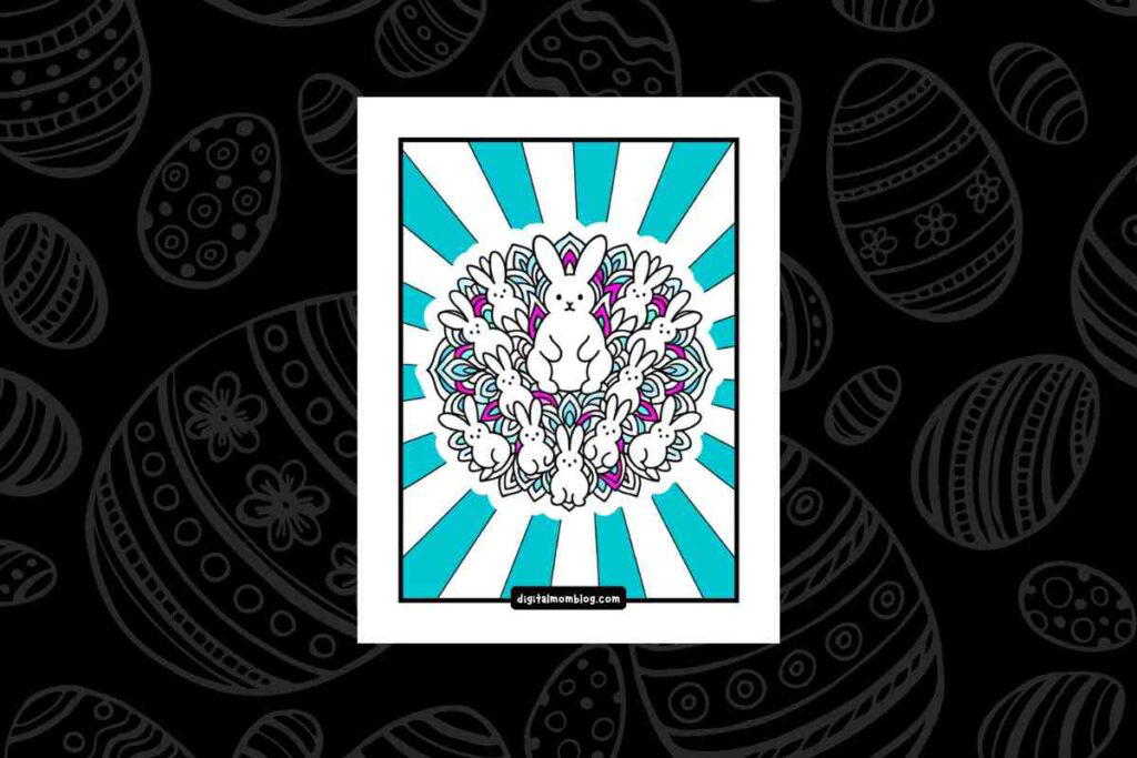easter coloring page free A symmetrical mandala easter coloring page design featuring multiple white rabbits with pink and purple accents, set against a backdrop of radiating turquoise stripes.
