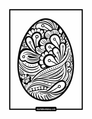 A black and white illustration of an intricately patterned Easter egg featuring floral and abstract designs with swirling lines and dots.