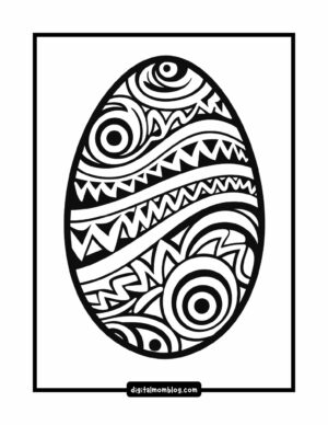 Black and white Easter egg illustration with intricate geometric and swirl patterns within an oval frame.