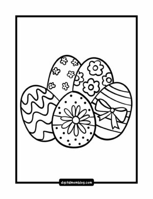 Black and white illustration of five Easter eggs with different patterns, including flowers, stripes, and a bow, within a framed border.