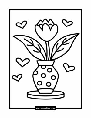 A black and white line drawing of a flower in a polkadotted vase with a round base, surrounded by several heart shapes.