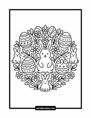 A black and white Easterthemed coloring page featuring a central large bunny surrounded by decorated Easter eggs, smaller bunnies, and flowers, all arranged in a circular pattern.