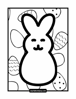 Black and white easter peep coloring page of a cartoon bunny with a simple face, surrounded by Easter eggs with various patterns in the background.