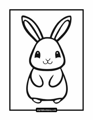 A simple black and white outline drawing of a cute bunny with large ears, small eyes, and a smiling mouth, set within a rectangular border.