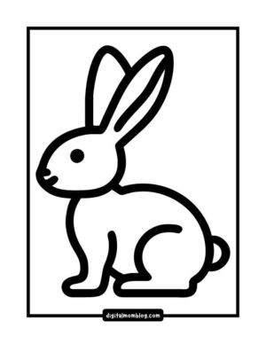 Black and white line drawing of a rabbit with long ears, sitting upright, framed in a rectangular border.