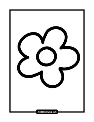Black and white outline of a simple flower with five rounded petals and a circular center, framed by a rectangle.