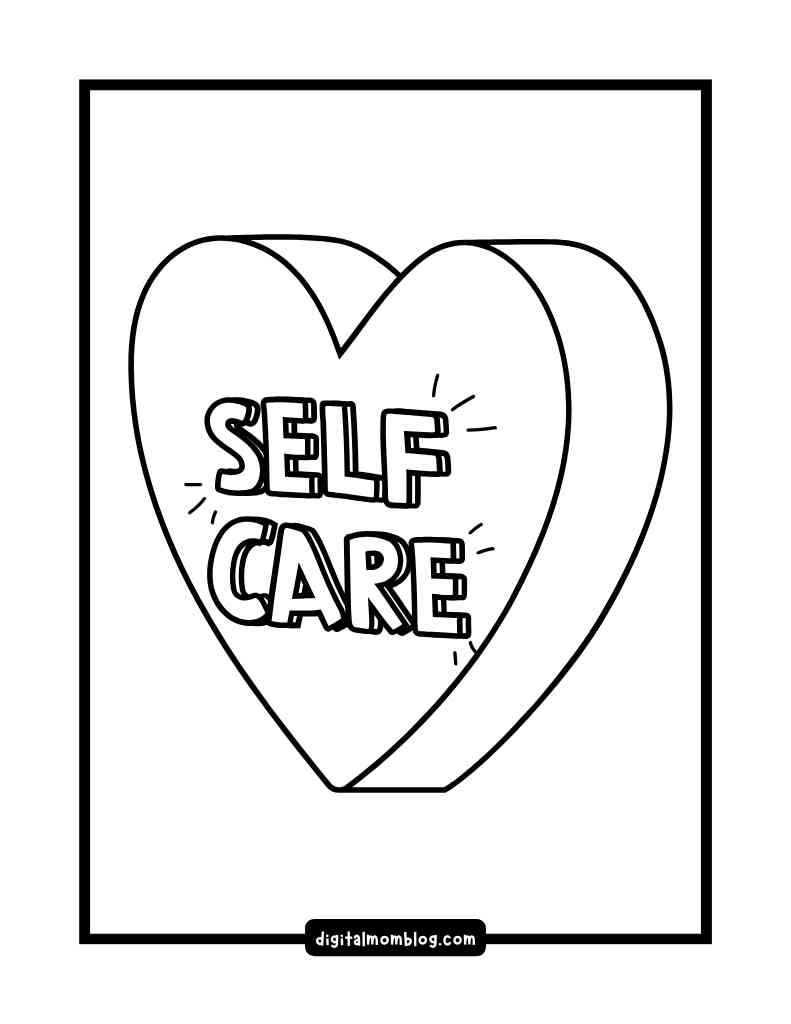 A blackandwhite illustration of a heart shape with the words "SELF CARE" written inside in bold, block letters. The heart has a threedimensional appearance and is surrounded by small accent lines. The image is framed with a black border and has the URL "digitalmomblog.com" at the bottom center.