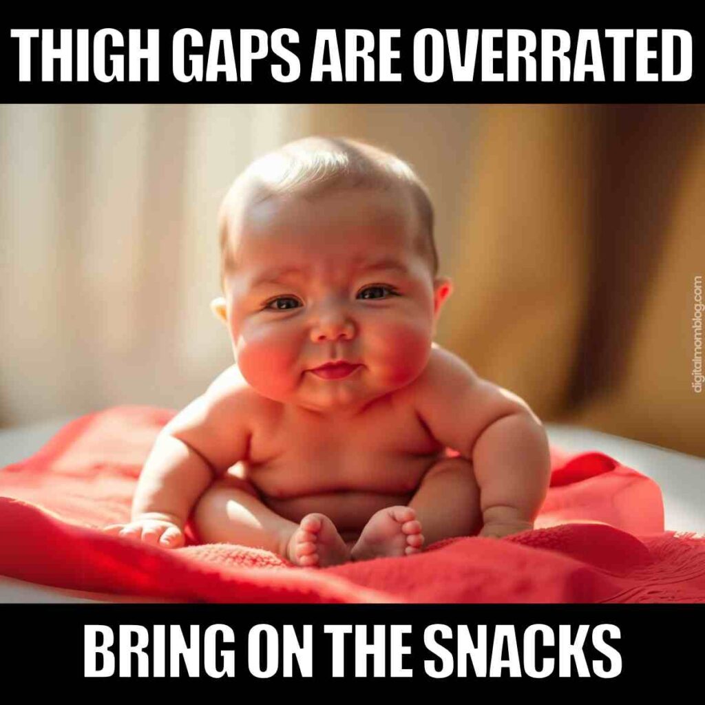 fat baby thighs meme A smiling baby with chubby cheeks sitting on a red blanket with text above and below the image, reading "Thigh gaps are overrated, bring on the snacks."