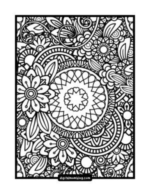 Intricate black and white flower spring mandala coloring page with a variety of floral and geometric patterns.