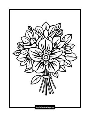 Black and white coloring page illustration of a bouquet of flowers with various petals and leaves tied together.