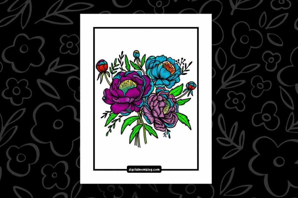 flower images for colouring flower bouquet coloring page colored with markers featuring purple, blue, and orange flowers with green leaves, framed in a simple black border with a floralpatterned background.