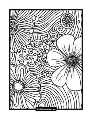 Black and white abstract floral coloring page with various flowers and swirling patterns.