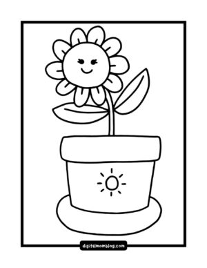 Black and white drawing of a smiling sunflower with large petals in a pot, featuring a simple sun design on the planter.