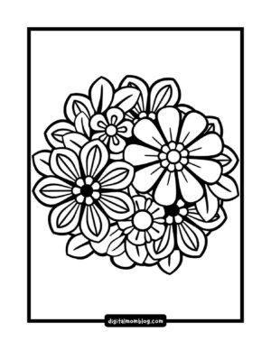 Black and white floral spring coloring page featuring a cluster of intricately designed flowers with various petal shapes and sizes, enclosed in a rectangular border.