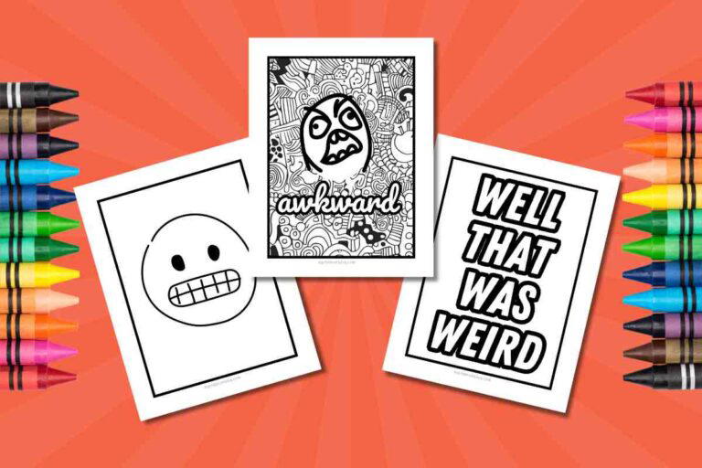 Three printable coloring pages are displayed, each featuring humorous or awkward expressions. The center page features an intricate doodle design with the word 'awkward' under a cartoon face. The left page shows a simple smiling face with scribbled eyes and gritted teeth. The right page displays bold text reading 'WELL THAT WAS WEIRD.' Colorful crayons are arranged on both sides of the pages against an orange background.