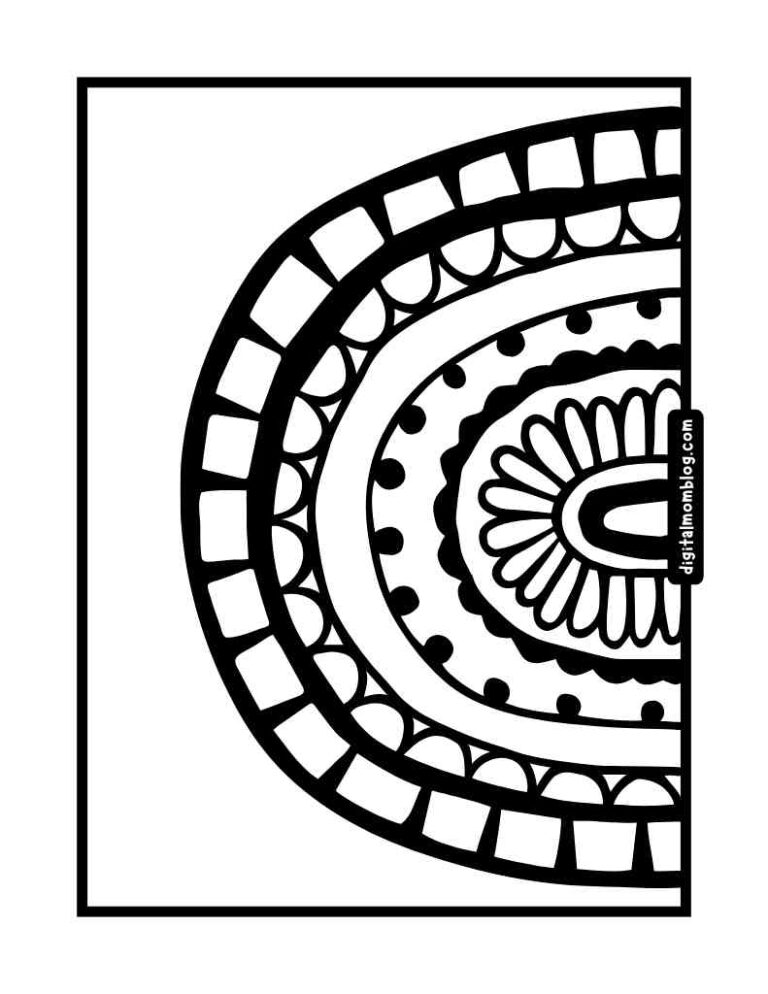 A black and white mandalainspired pattern with concentric semicircular designs, featuring various shapes such as rectangles, semicircles, and dots, positioned on the right side of the image.
