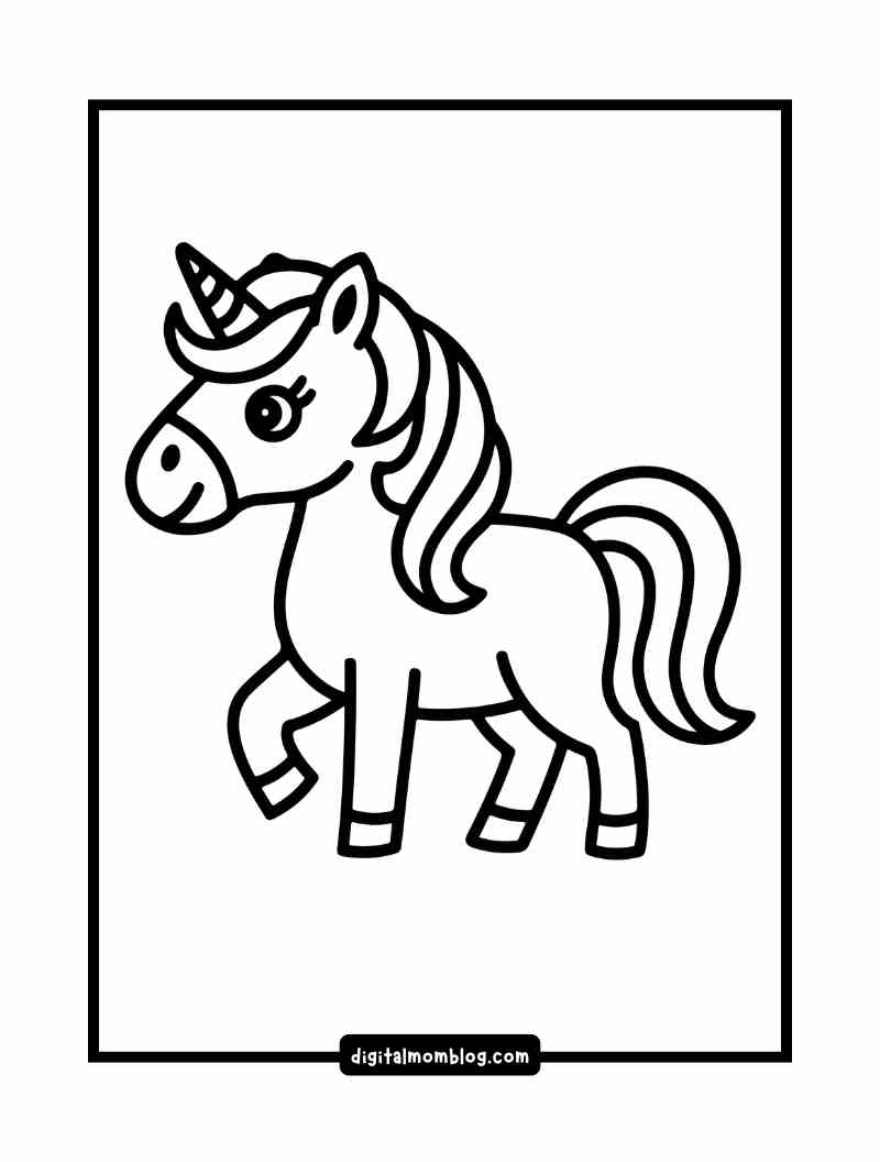 free printable unicorn coloring page Black and white outline drawing of a unicorn with a flowing mane and tail, standing on four legs and facing left.