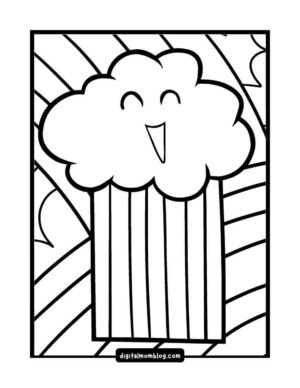 Black and white coloring page featuring a smiling cloud with a vertical striped background and sun rays.