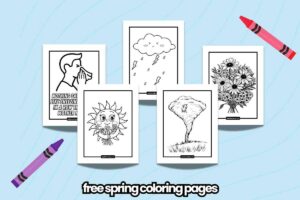 A collection of five springthemed coloring pages featuring different designs: a person sneezing, a cloud with raindrops and lightning, a happy sun holding flowers, a tornado, and a bouquet of flowers. The background is light blue, and there are red and purple crayons placed at opposite corners. The text "free spring coloring pages" is at the bottom.