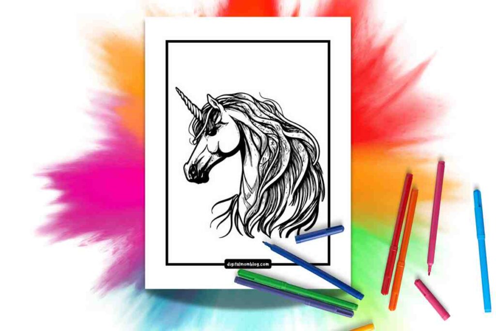 free unicorn coloring pages printable A coloring page featuring a detailed black and white illustration of a unicorn with flowing mane and a prominent horn, surrounded by colorful markers and a vibrant background of mixed colors.