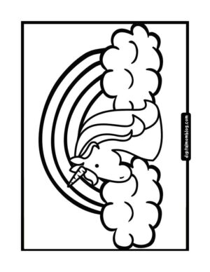 A black and white drawing of a unicorn with a mane, surrounded by fluffy clouds and a rainbow in the background.