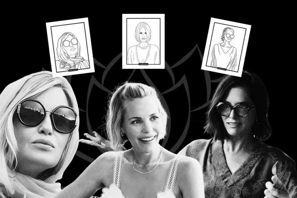 free white lotus coloring sheets A blackandwhite collage featuring three women from The White Lotus series in sunglasses with confident expressions, placed against a dark background. Above them are three sketched portraits, each depicting a woman in sunglasses. The overall composition has an artistic and stylized feel.