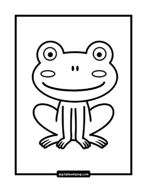 A simple black and white outline drawing of a smiling frog with big eyes and legs bent to the sides, suitable for coloring.