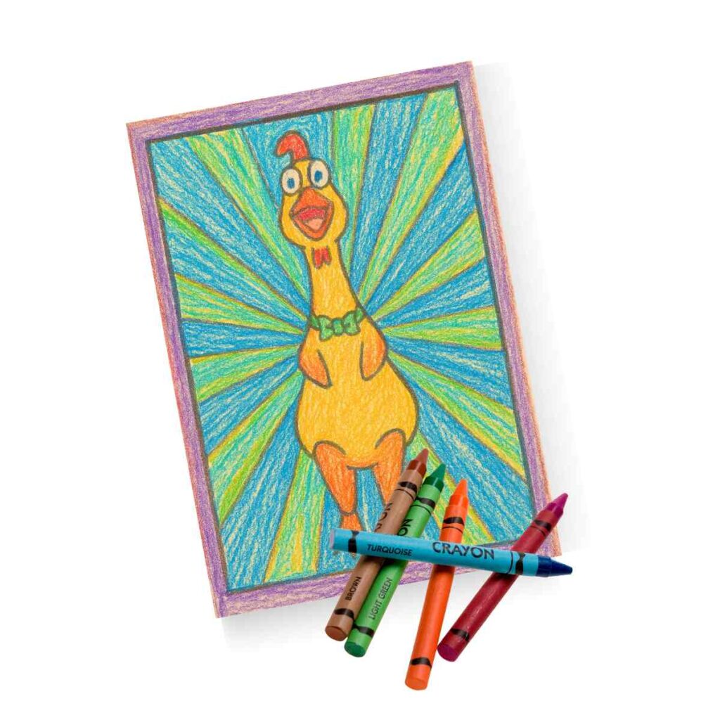 fun april fools day coloring sheet A colorful crayon drawing of a cartoon chicken with a blue background radiating with green and yellow rays, bordered by a purple frame. Several crayons are placed near the drawing, including colors like turquoise, brown, and orange.