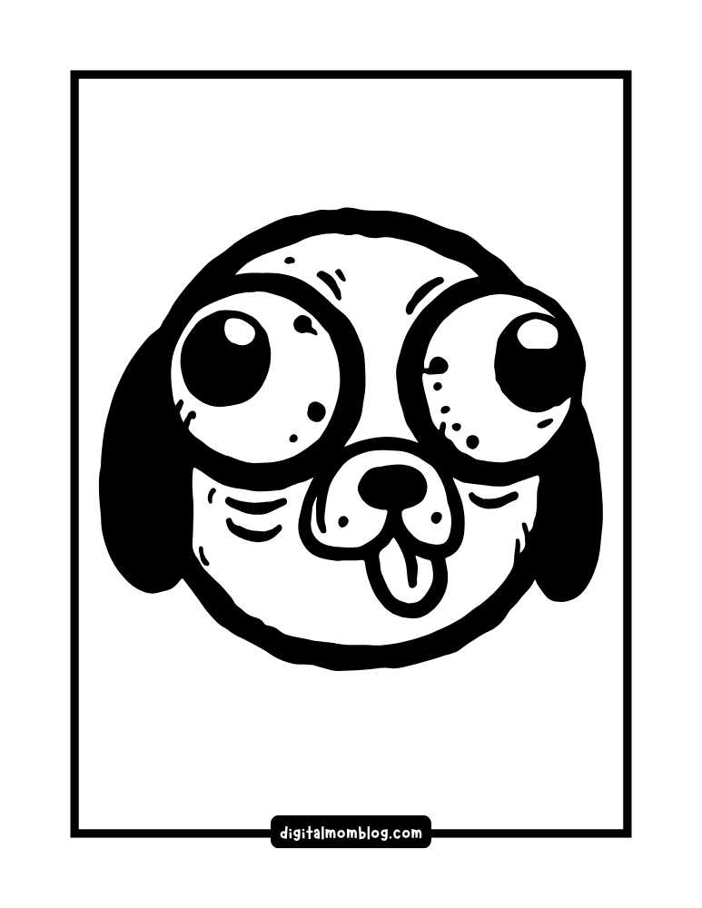 A cartoon drawing of a dog's face with oversized, comical eyes, floppy ears, and its tongue sticking out.
