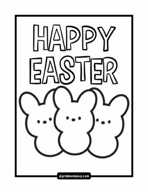 Coloring page with the words 'Happy Easter' above three cartoon bunny figures in black and white.