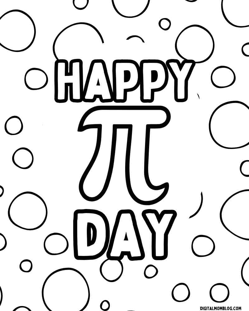 Black and white illustration with the words "HAPPY π DAY" surrounded by various sizes of circles.