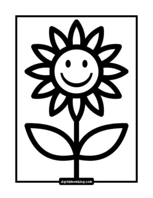 Black and white coloring page featuring a smiling sunflower with large petals and two leaves on a stem.