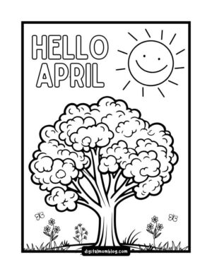 hello april coloring sheet A coloring page featuring the text 'Hello April' above a large tree with leafy branches. A smiling sun is in the top right corner, and flowers with butterflies decorate the grass below. The image is outlined in black and white.