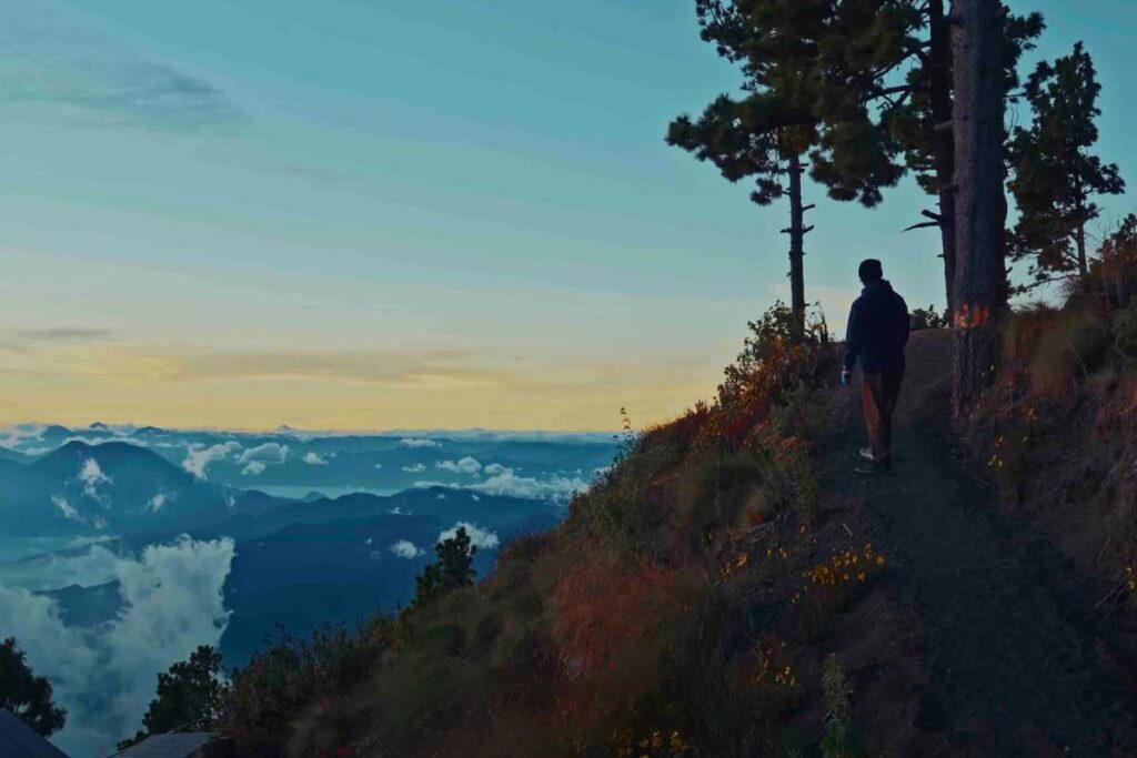 jeffrey sun A person walking along a narrow trail on a mountain ridge, surrounded by tall trees, with a scenic view of mountains and clouds in the background during sunset.
