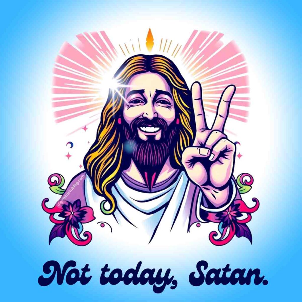 jesus not today satan meme Illustration of a smiling figure with long hair and a beard, making a peace sign with the hand, surrounded by pink and golden rays, floral designs, and the text "Not today, Satan."