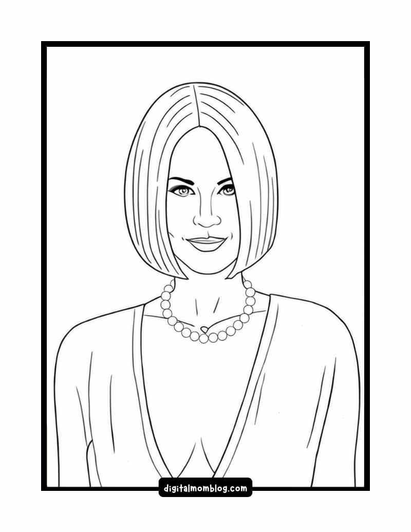 kate bohr white lotus coloring page Line drawing of Kate Bohr from White Lotus with a bob haircut wearing a necklace and a Vneck top, framed by a black border with the text "digitalmomblog.com" at the bottom.