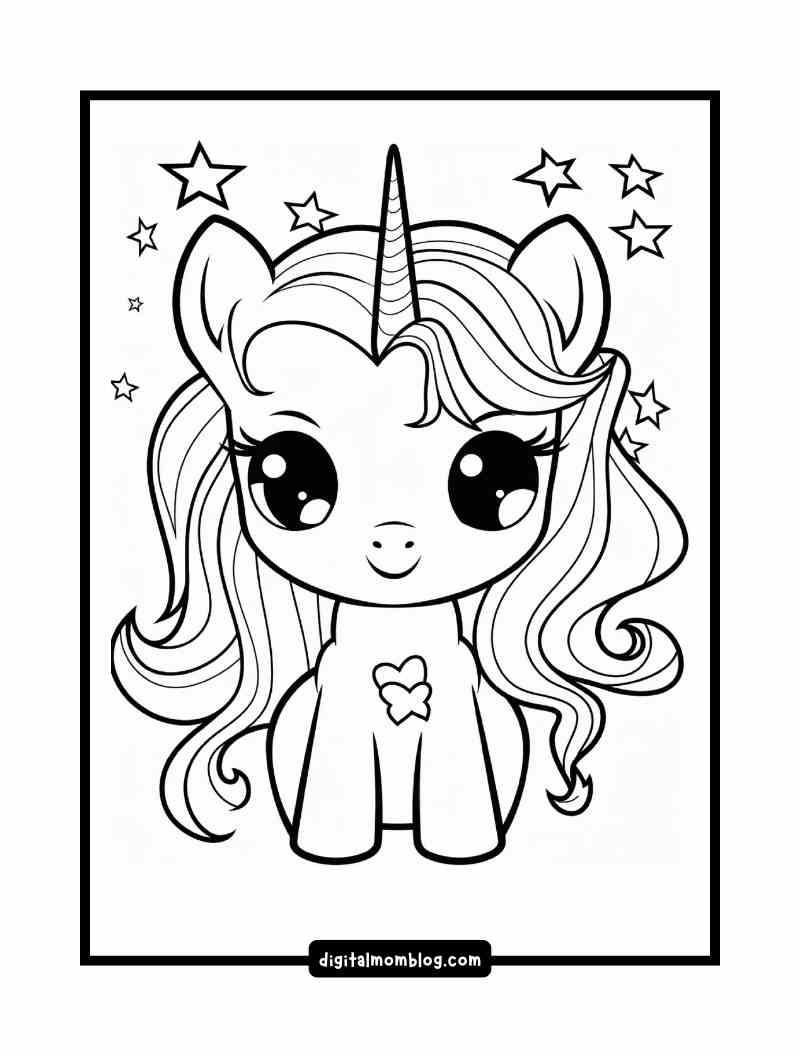 kawaii unicorn coloring page A cute kawaii cartoon unicorn with large eyes and a flowing mane, surrounded by stars in a coloring page style.