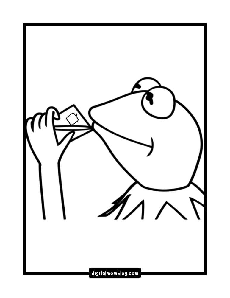 A black and white drawing of a frog sipping from a glass with a teabag tag visible, set within a rectangular border.