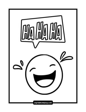 laughing emoji coloring page A black and white illustration of a smiling emoji with a wide open mouth, laughing and shedding tears of joy. Above the emoji, there's a speech bubble with the text "HA HA HA."